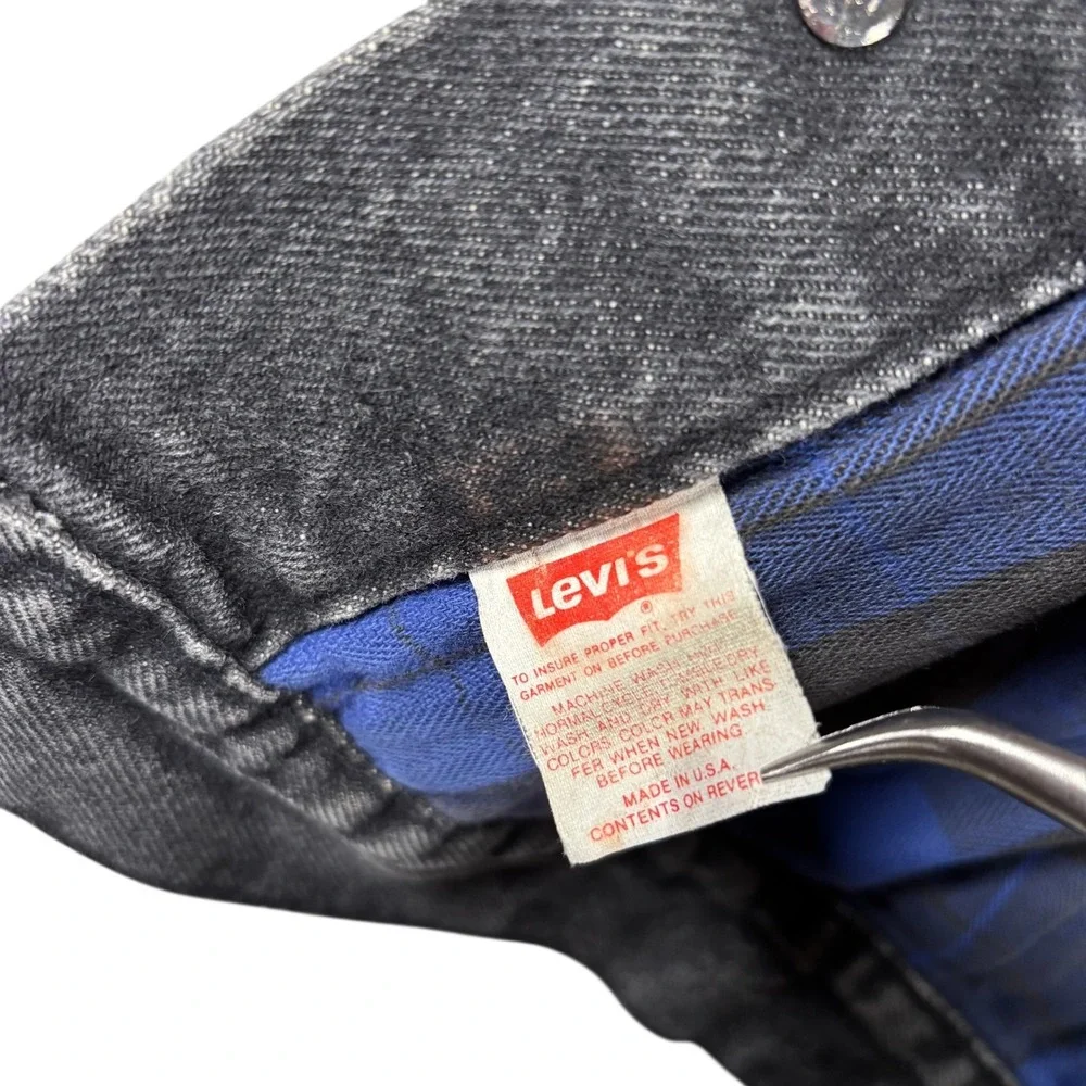 VTG 80s Levi's Kids Denim trucker Jacket Black Plaid Lined‎ USA Made Sz M